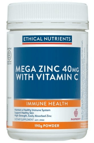 Ethical Nutrients Mega Zinc 40mg with Vitamin C Powder (Raspberry) 190g - Vitamins 4 You